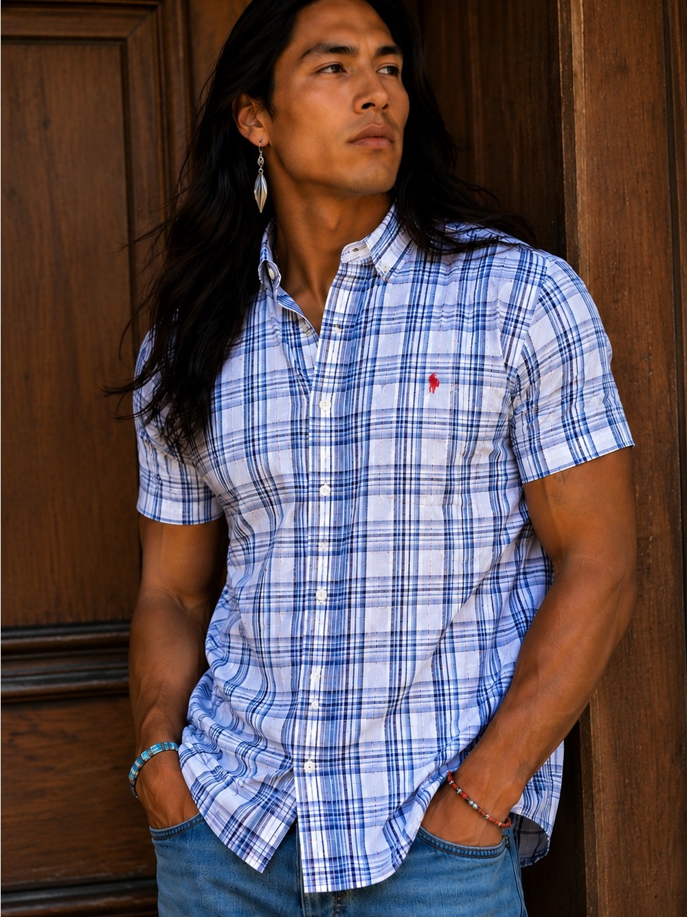 U.S. Polo Assn. White and Blue Plaid Short-Sleeve Button-Down Shirt